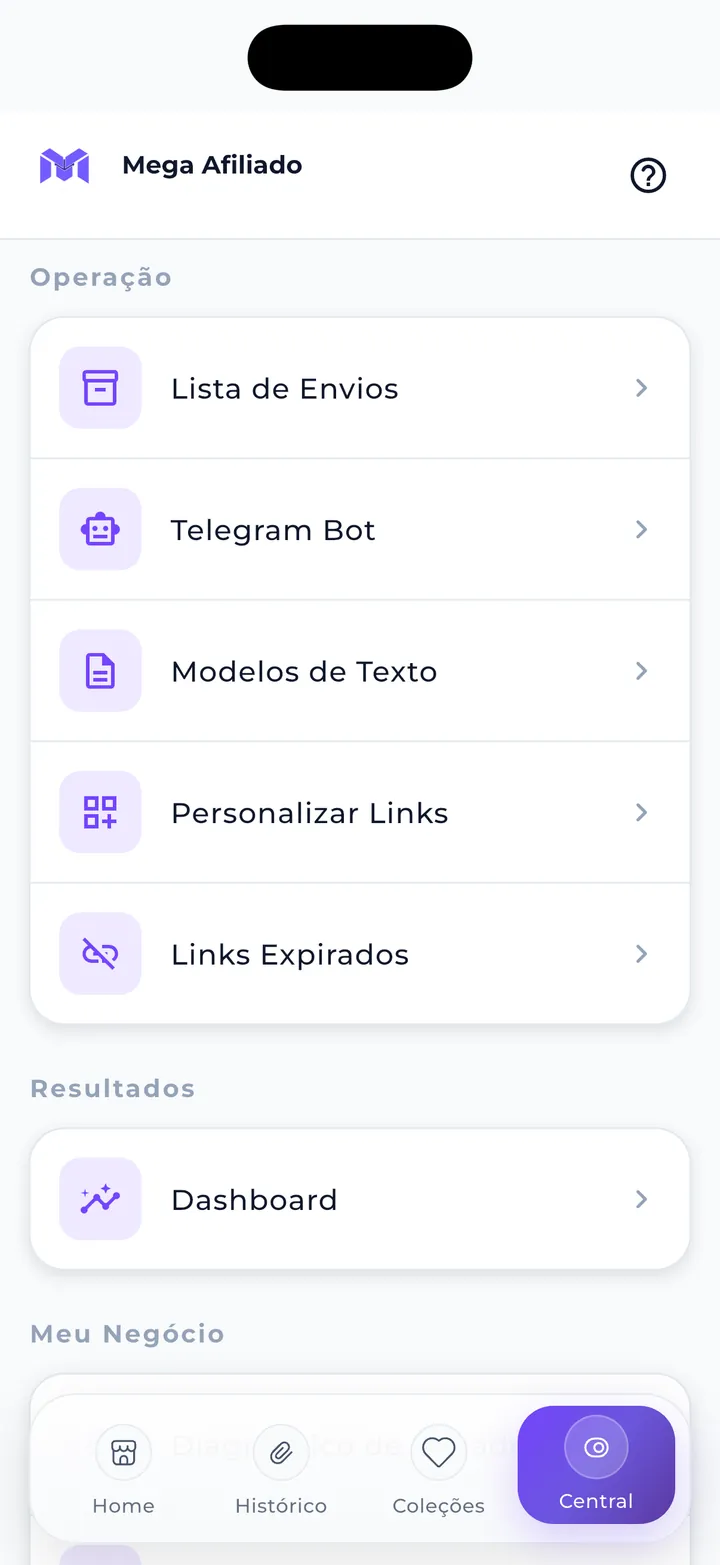Central de operação do Mega Afiliado com Telegram Bot, lista de envios e modelos de texto