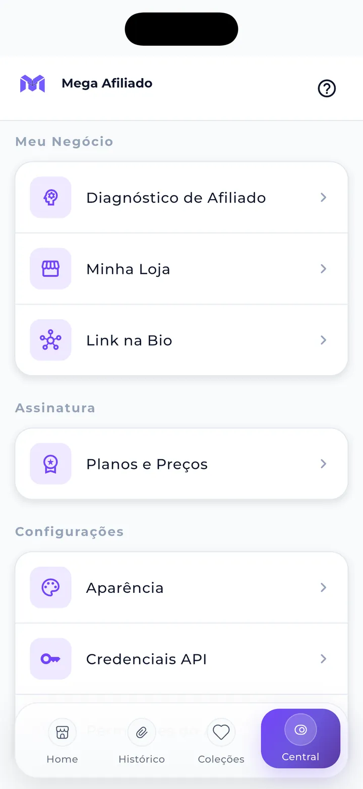 Central de negócio com diagnóstico, loja, Link na Bio e planos