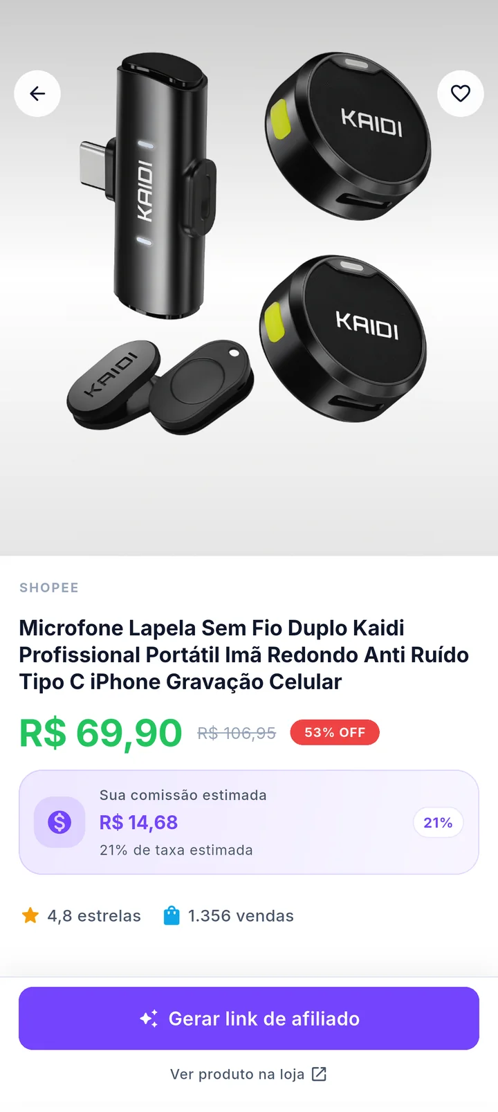 Tela de detalhes do produto com preço, desconto e comissão estimada