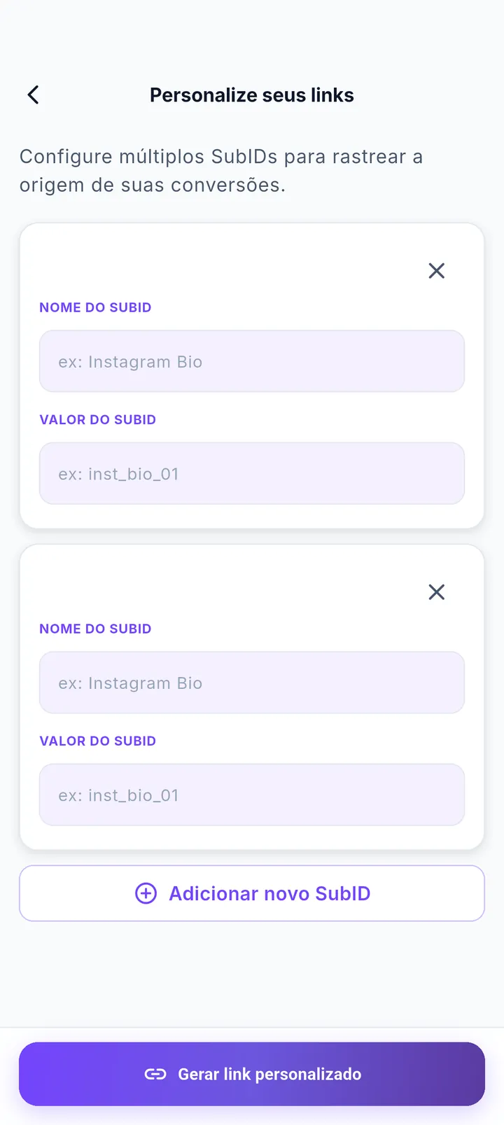 Tela Personalize seus links com campos de SubID