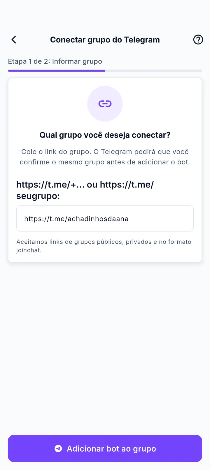 Tela Conectar grupo do Telegram com campo para colar o link do grupo