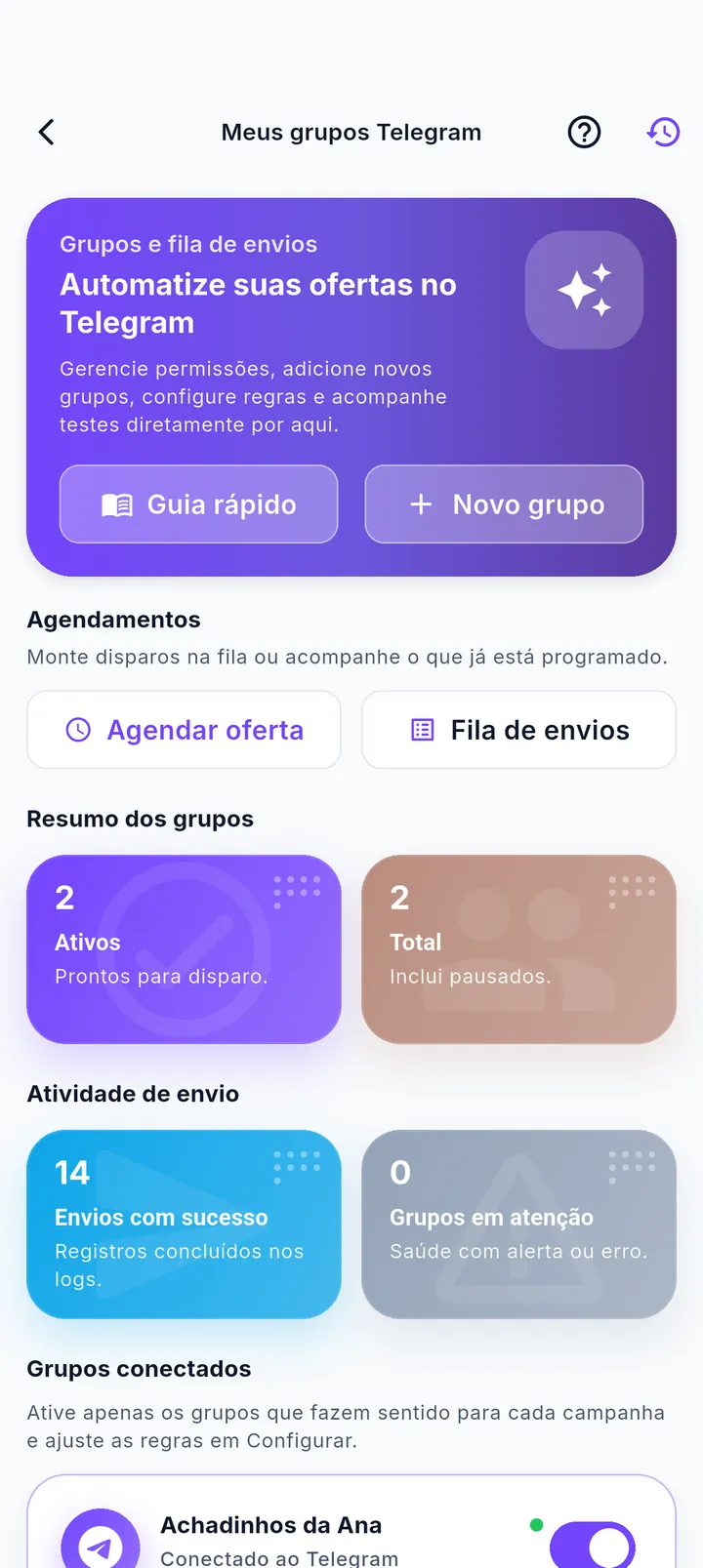 Hub do Telegram no Mega Afiliado com grupos, agendamento e histórico