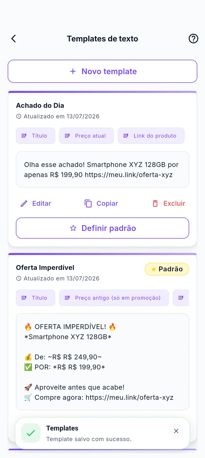Modelos de texto do Mega Afiliado para ofertas