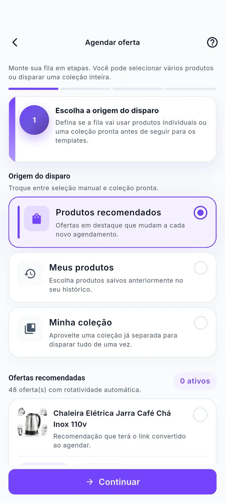 Etapa de escolha de produtos do agendador com origem do disparo