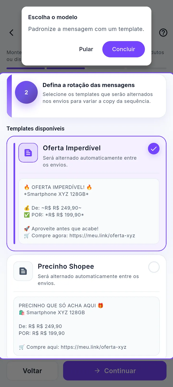 Etapa de templates do agendador com modelos selecionáveis