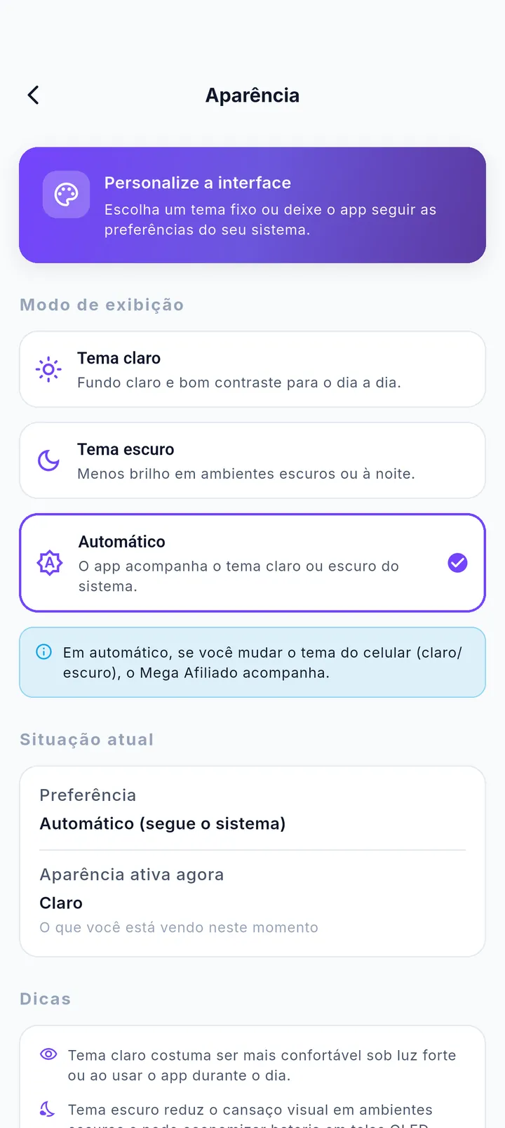 Tela Aparência com os modos de exibição claro, escuro e automático