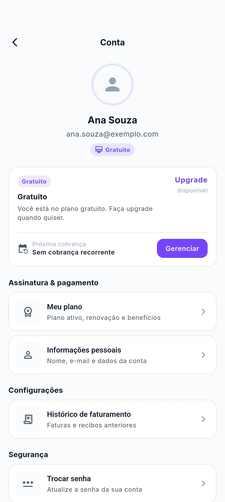 Tela Conta com plano atual e opções de gerenciamento
