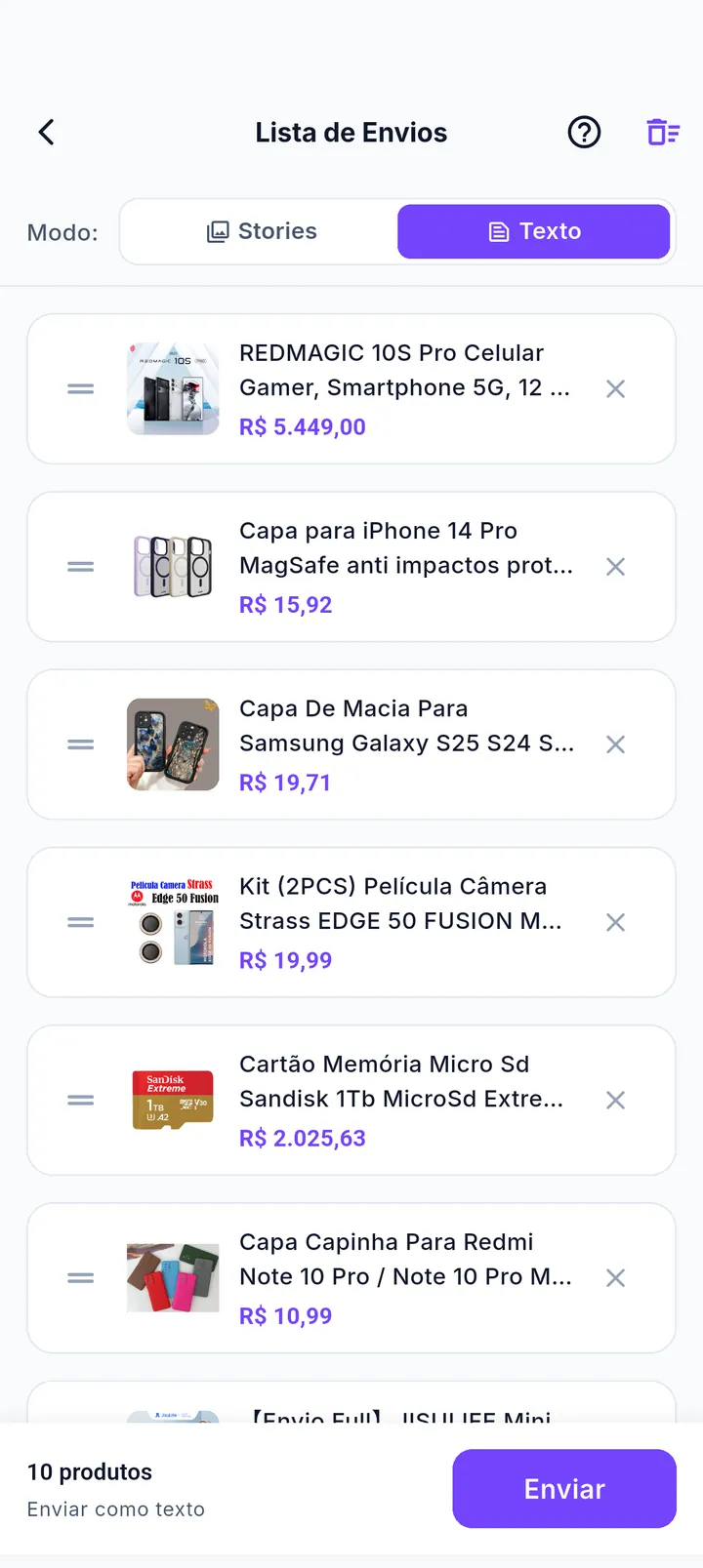 Lista de envios gerada pelo card rápido com produtos para revisão