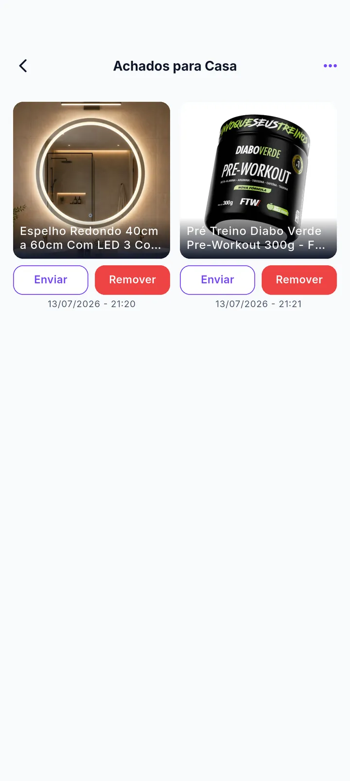 Detalhe da coleção com produtos salvos e ações de enviar e remover