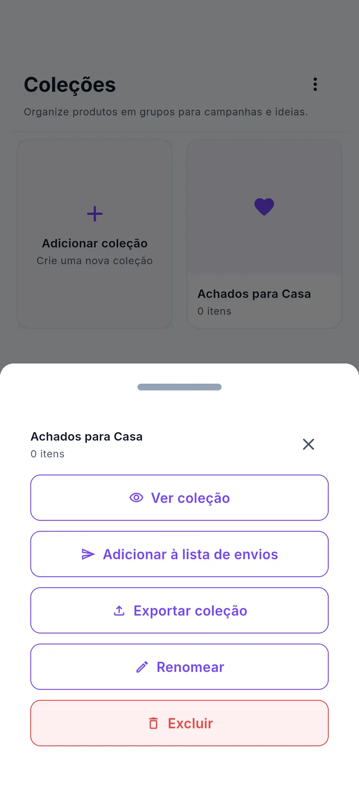 Menu da coleção com Ver coleção, Adicionar à lista de envios e Exportar coleção