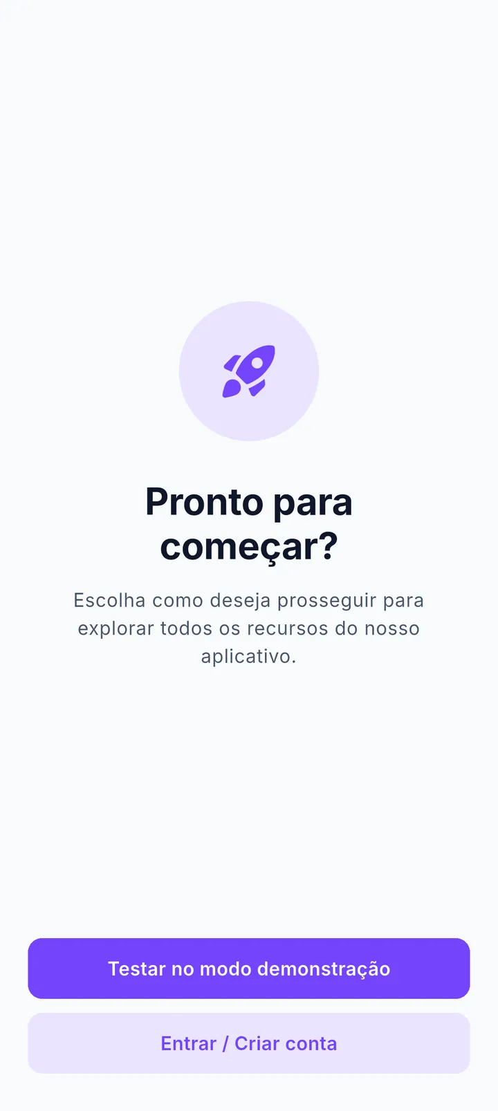 Tela de escolha de modo de acesso com os botões Testar no modo demonstração e Entrar / Criar conta