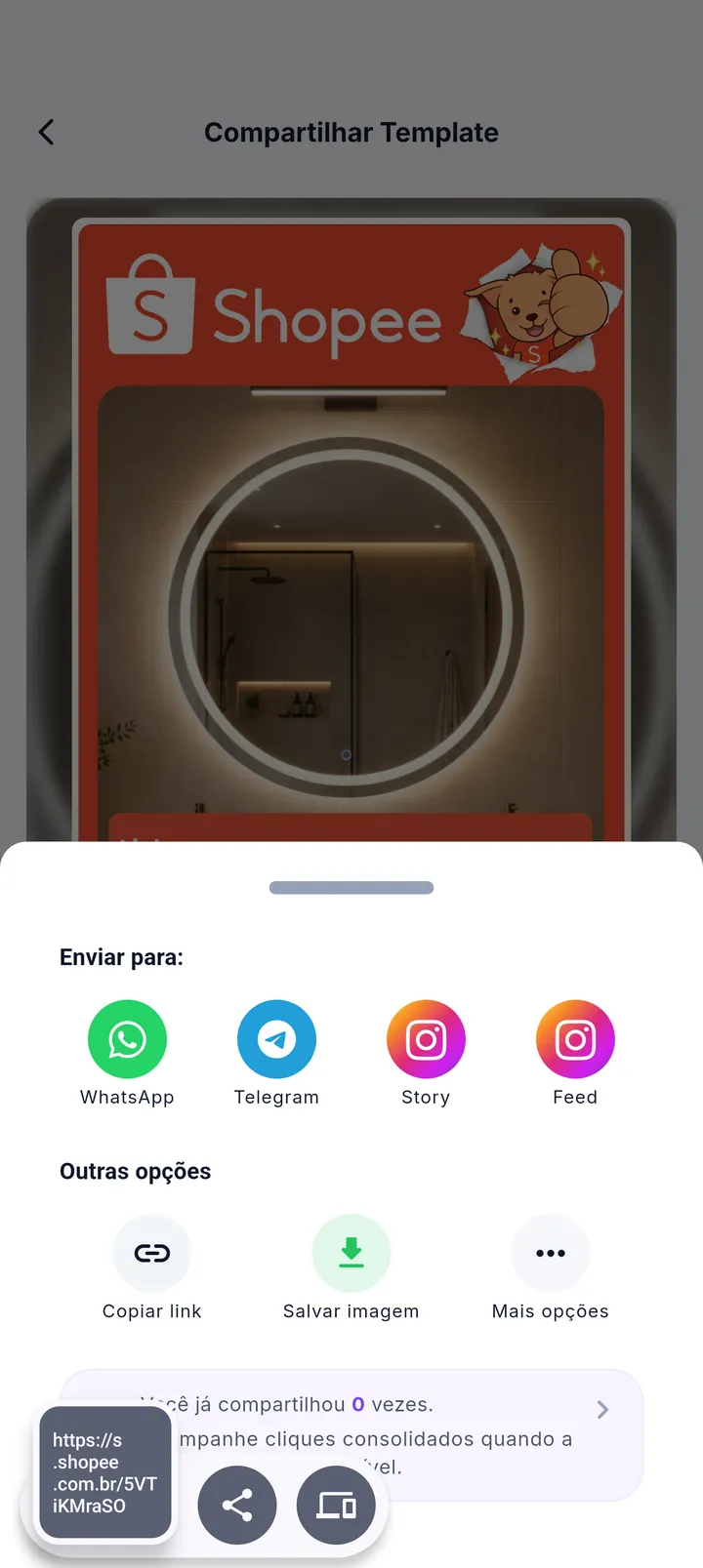 Sheet Enviar para com WhatsApp, Telegram, Story, Feed e outras opções
