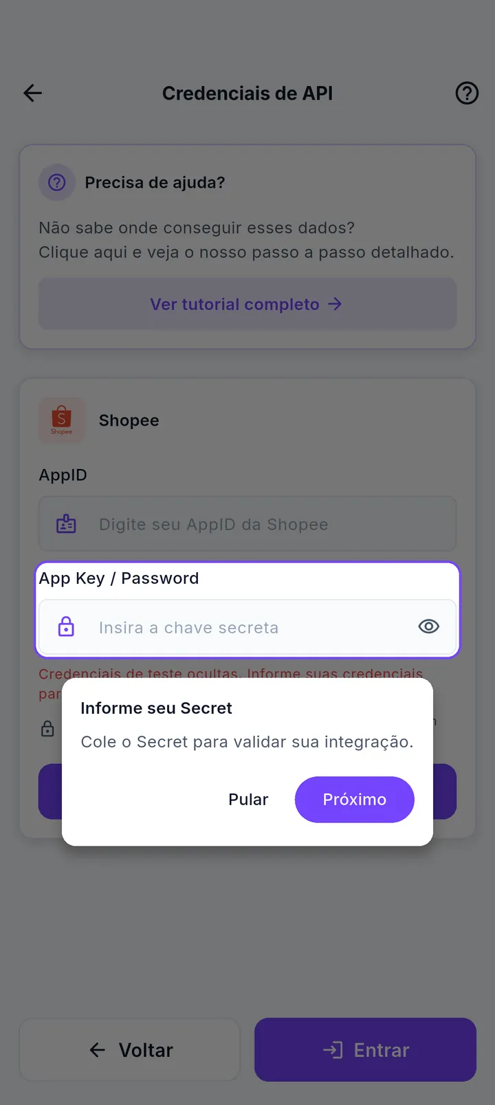 Tela Credenciais de API destacando o campo Secret