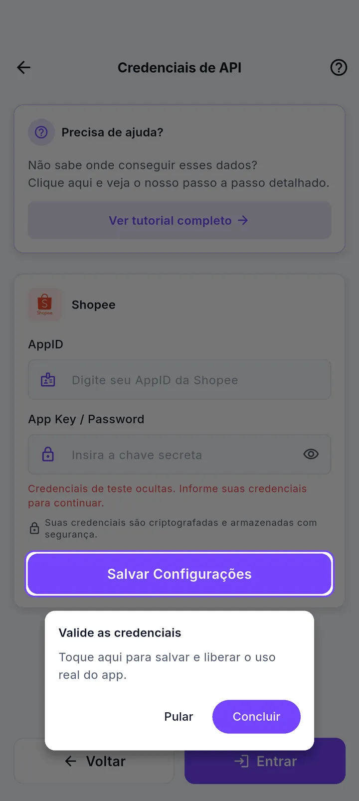 Tela Credenciais de API destacando o botão Salvar Configurações