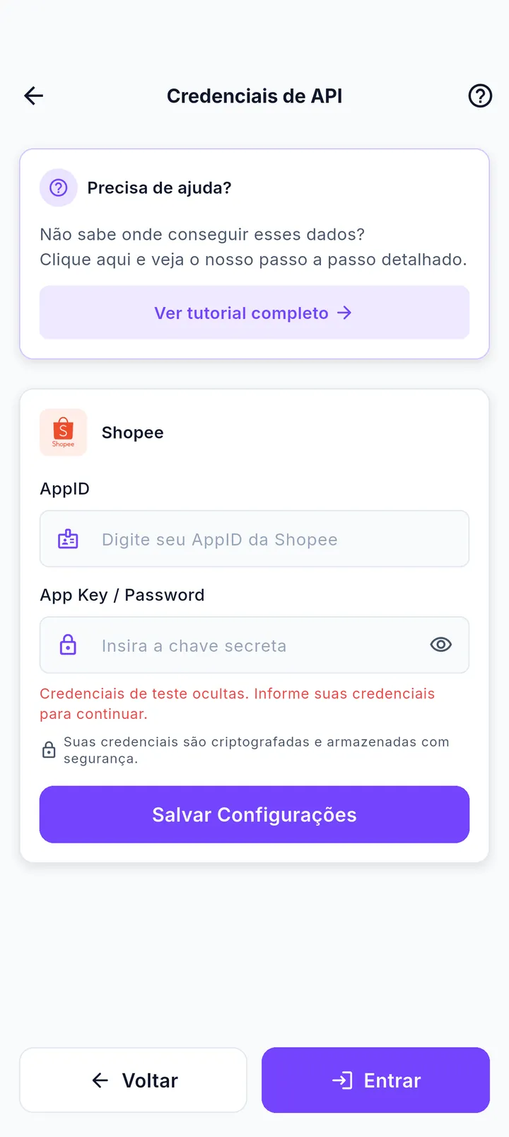 Tela Credenciais de API com aviso de credenciais de teste ocultas
