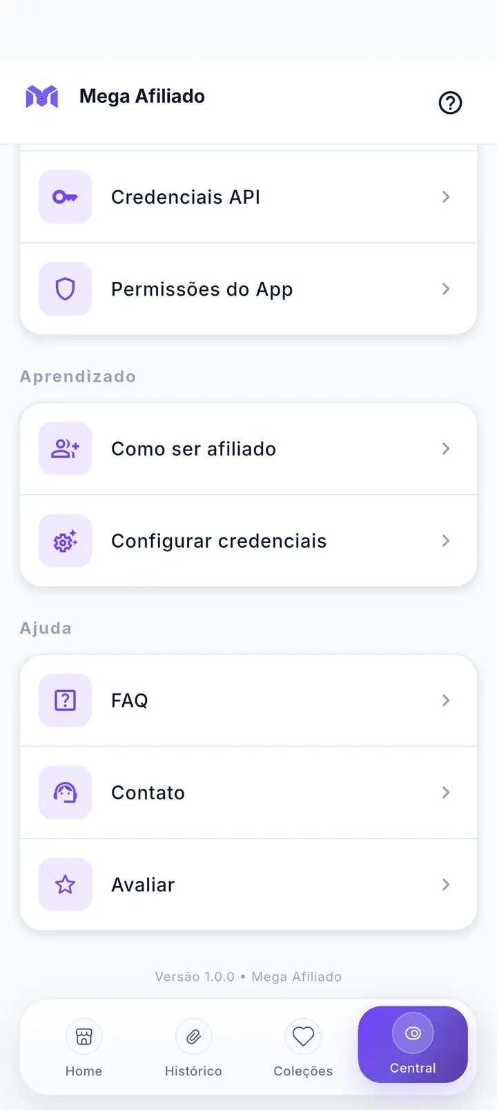 Seção Ajuda da Central com FAQ, Contato e Avaliar