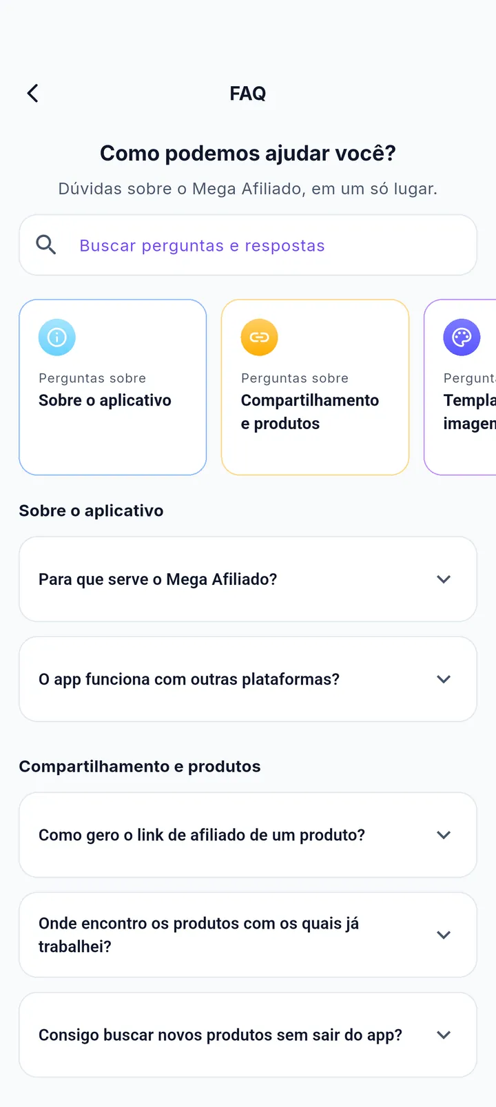 Tela FAQ do Mega Afiliado com categorias de perguntas