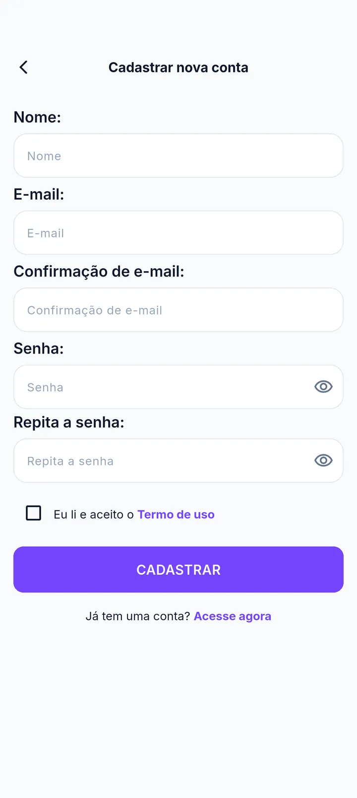 Tela Cadastrar nova conta com campos de nome, e-mail, senha e aceite do termo de uso