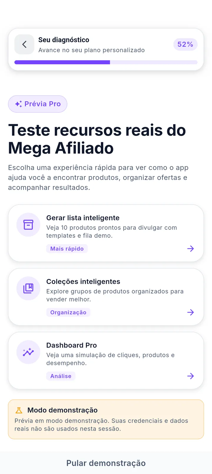 Tela Prévia Pro com experiências de lista inteligente, coleções e dashboard