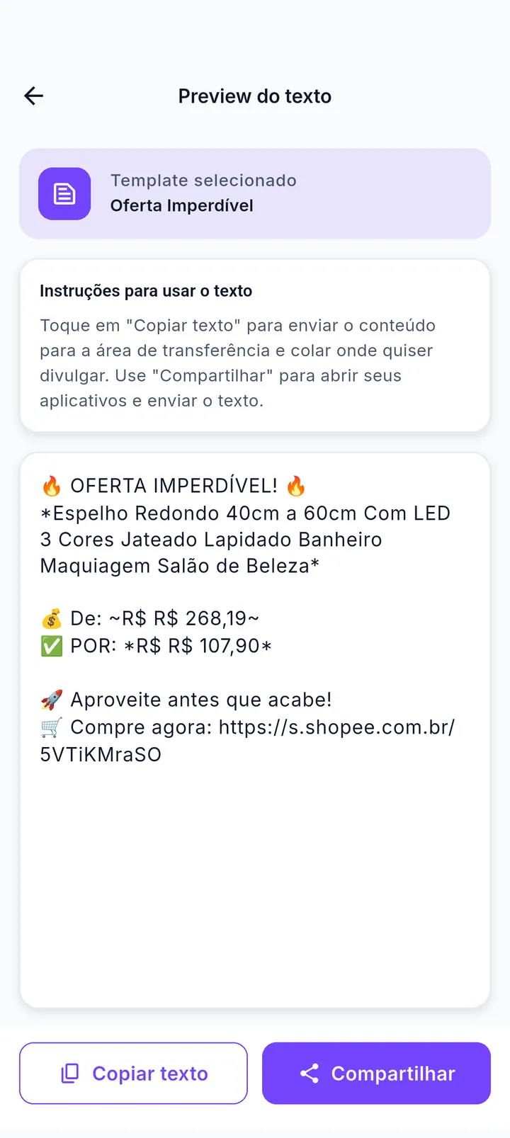 Preview do texto da oferta com botões Copiar texto e Compartilhar