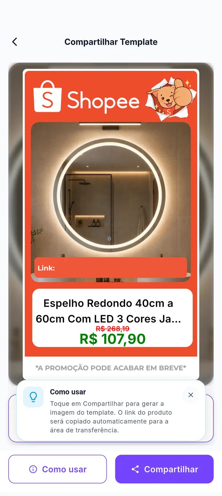 Tela Compartilhar Template com o guia Como usar aberto