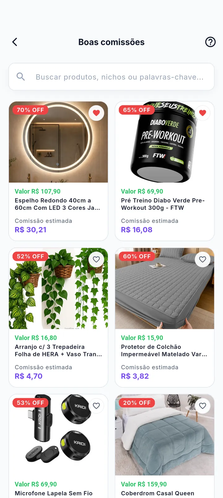Vitrine Boas comissões com grade de produtos e comissões estimadas