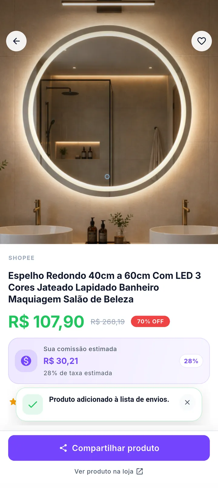Produto com a confirmação Produto adicionado à lista de envios