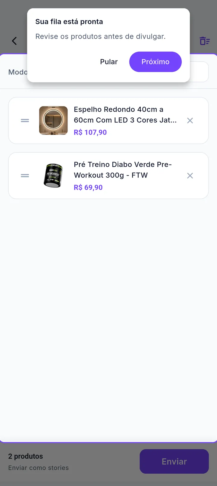 Tour da Lista de Envios destacando a fila de produtos
