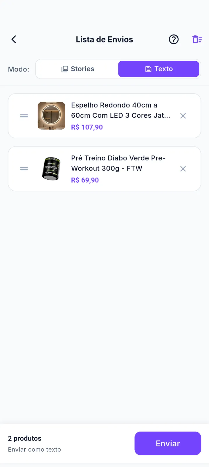 Lista de Envios no modo texto com produtos em fila