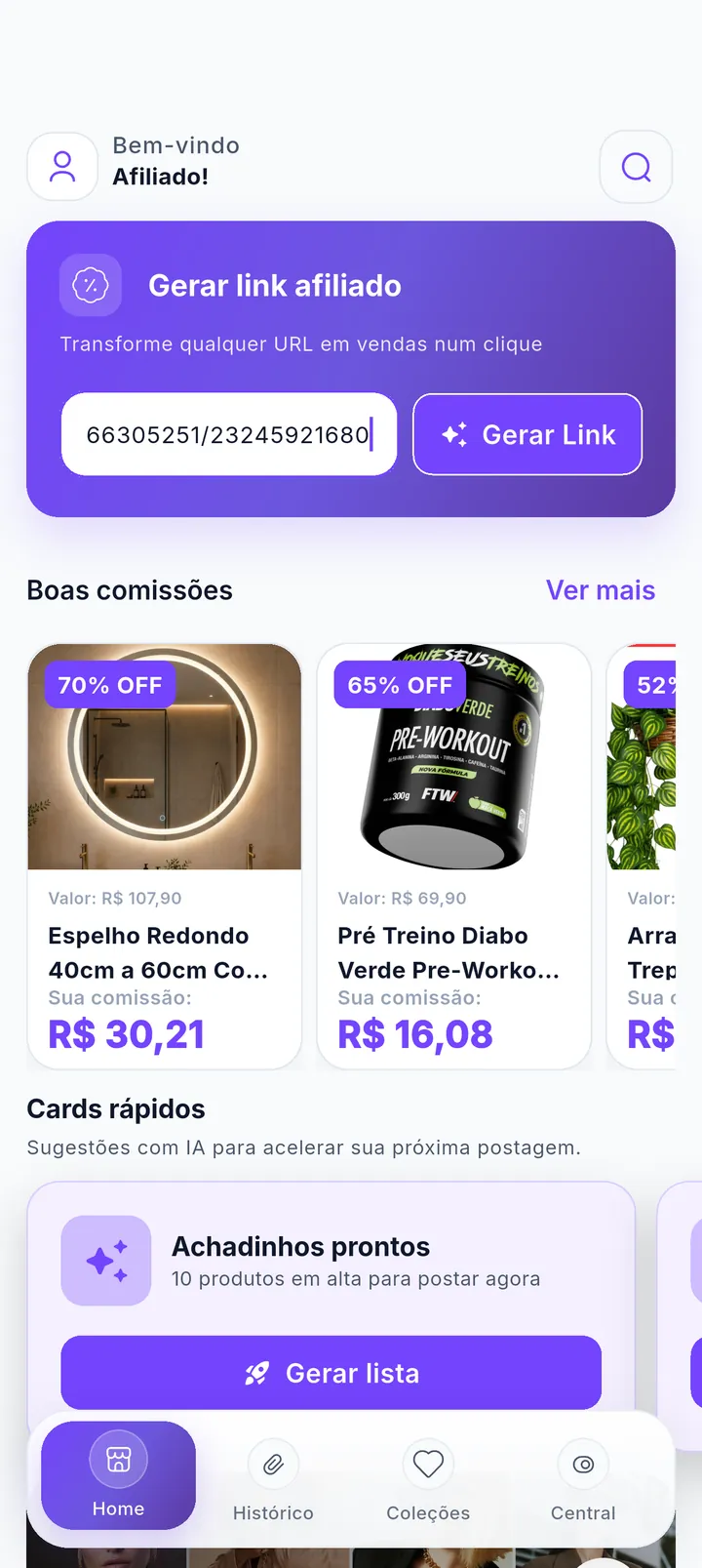 Campo do card com URL da Shopee colada e botão Gerar Link