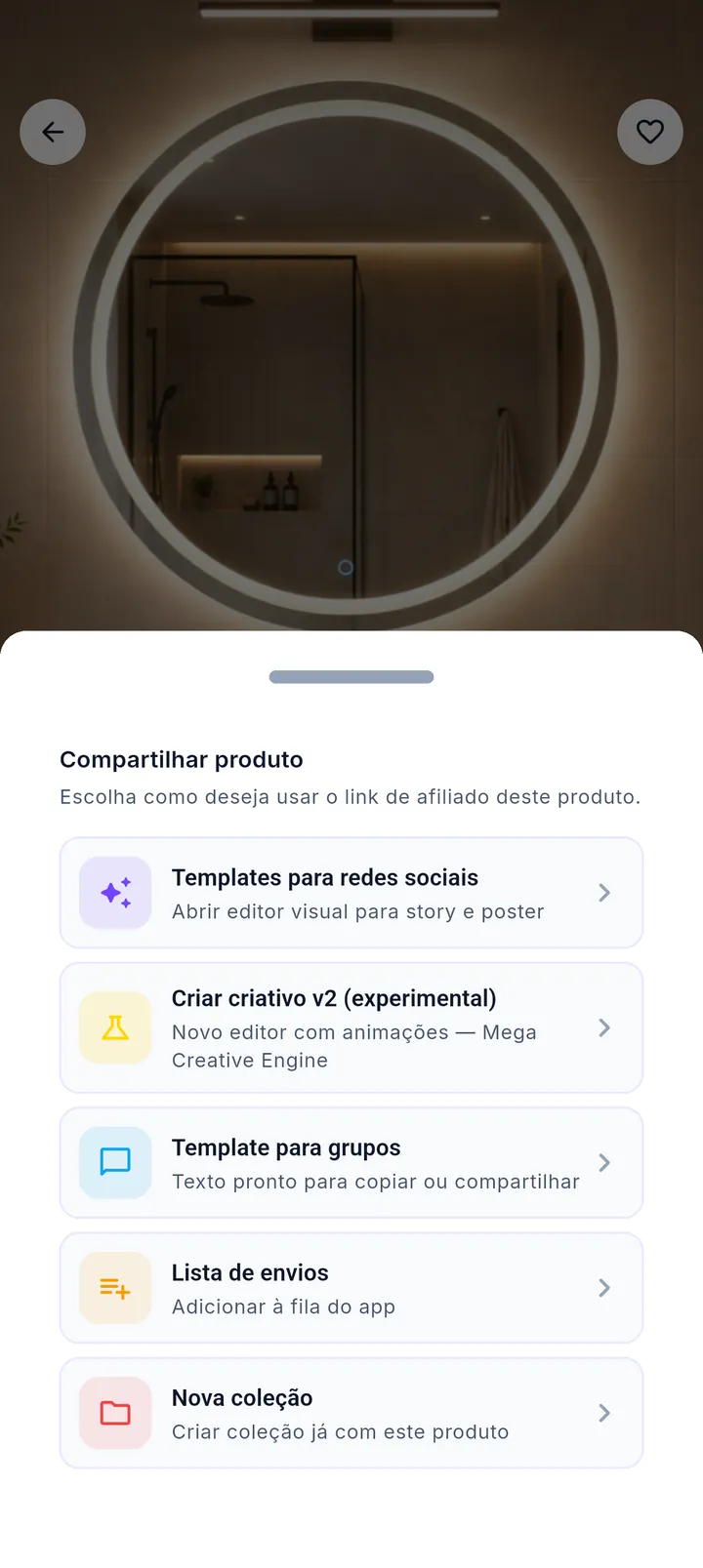 Opções de compartilhamento do produto com templates, texto e lista de envios
