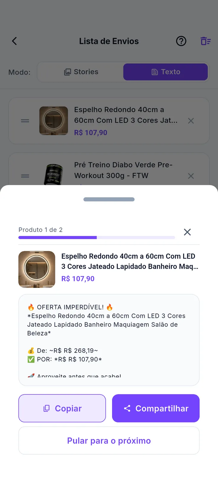 Assistente de envio mostrando produto com texto pronto e botões Copiar e Compartilhar