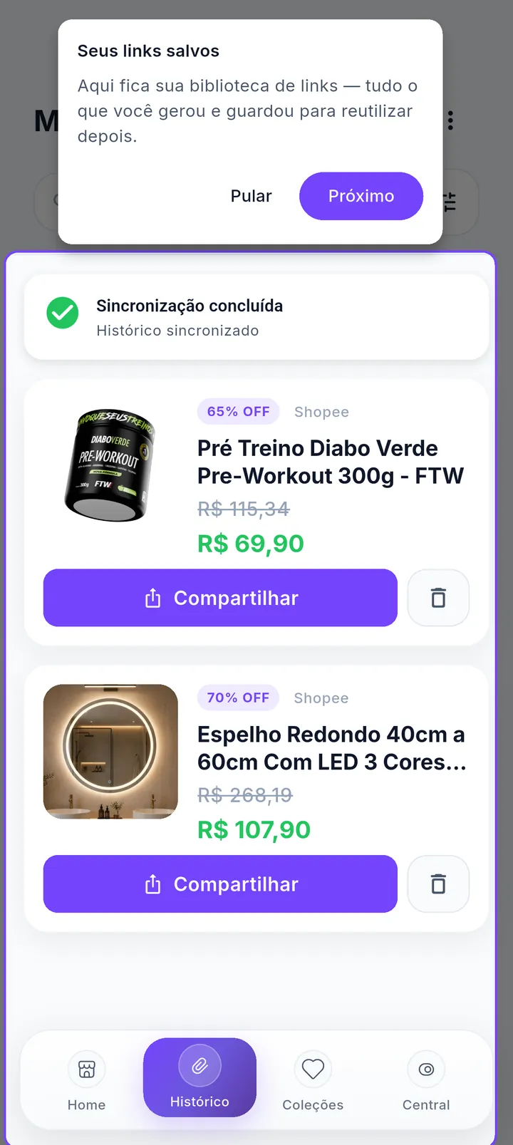 Tour do Histórico destacando a lista de links salvos