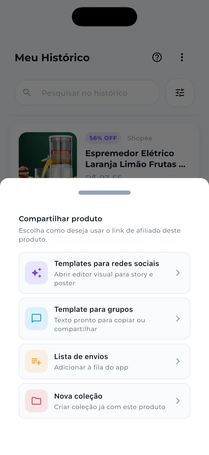 Opções de compartilhamento abertas a partir de um item do histórico