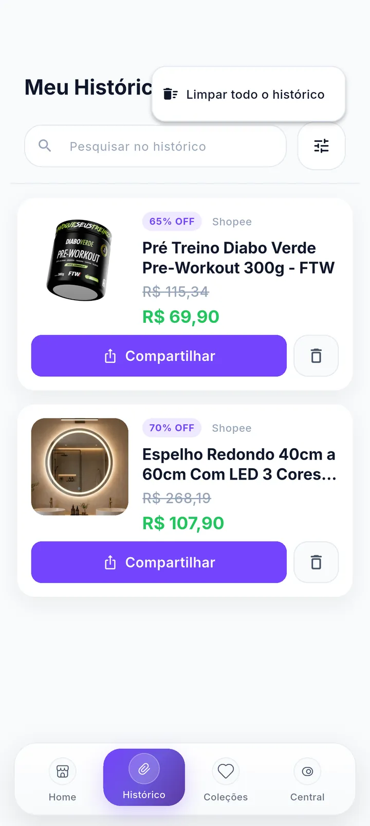 Menu do histórico com a opção Limpar todo o histórico