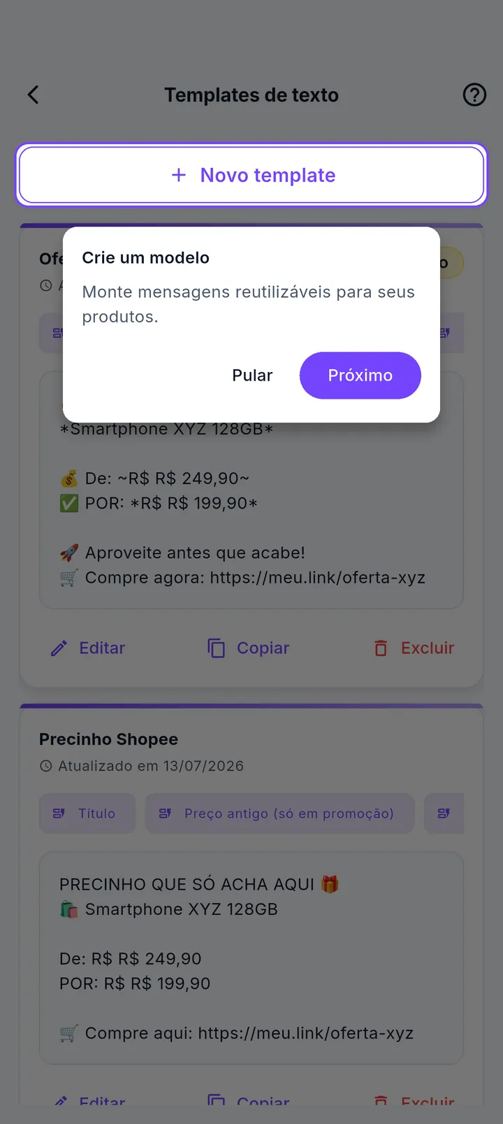 Tour de Templates de texto destacando o botão de criar modelo