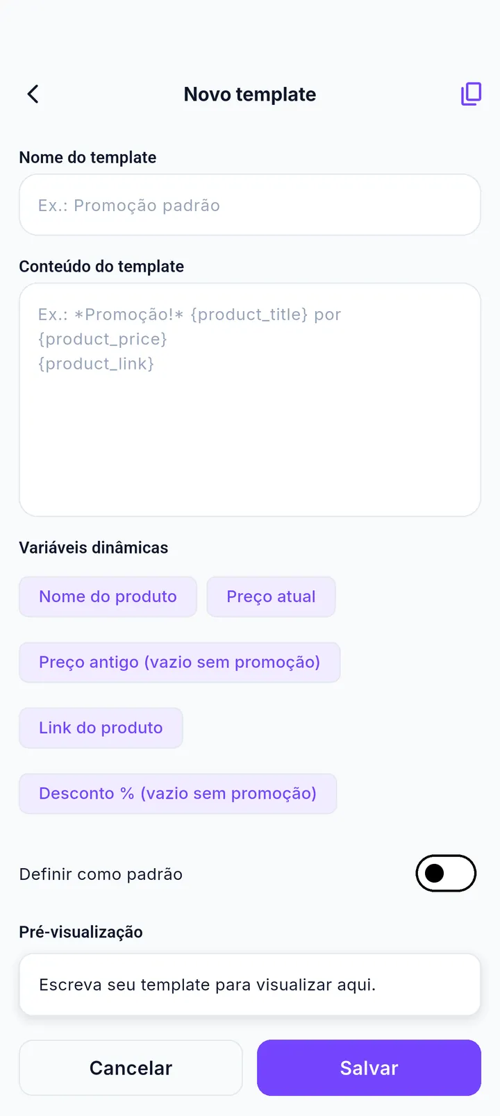 Editor de novo template com campos de nome, conteúdo e variáveis dinâmicas