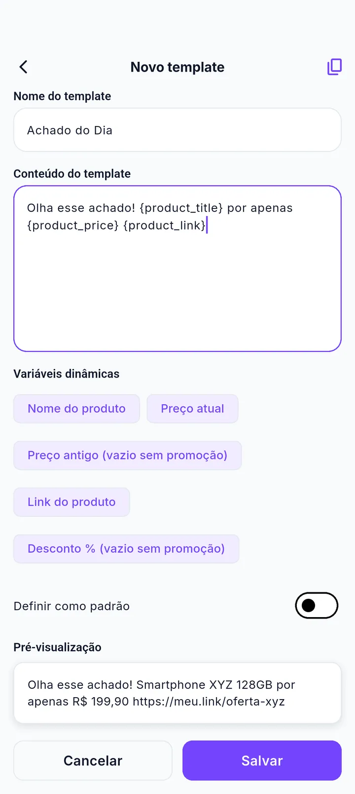 Editor com pré-visualização do template preenchida