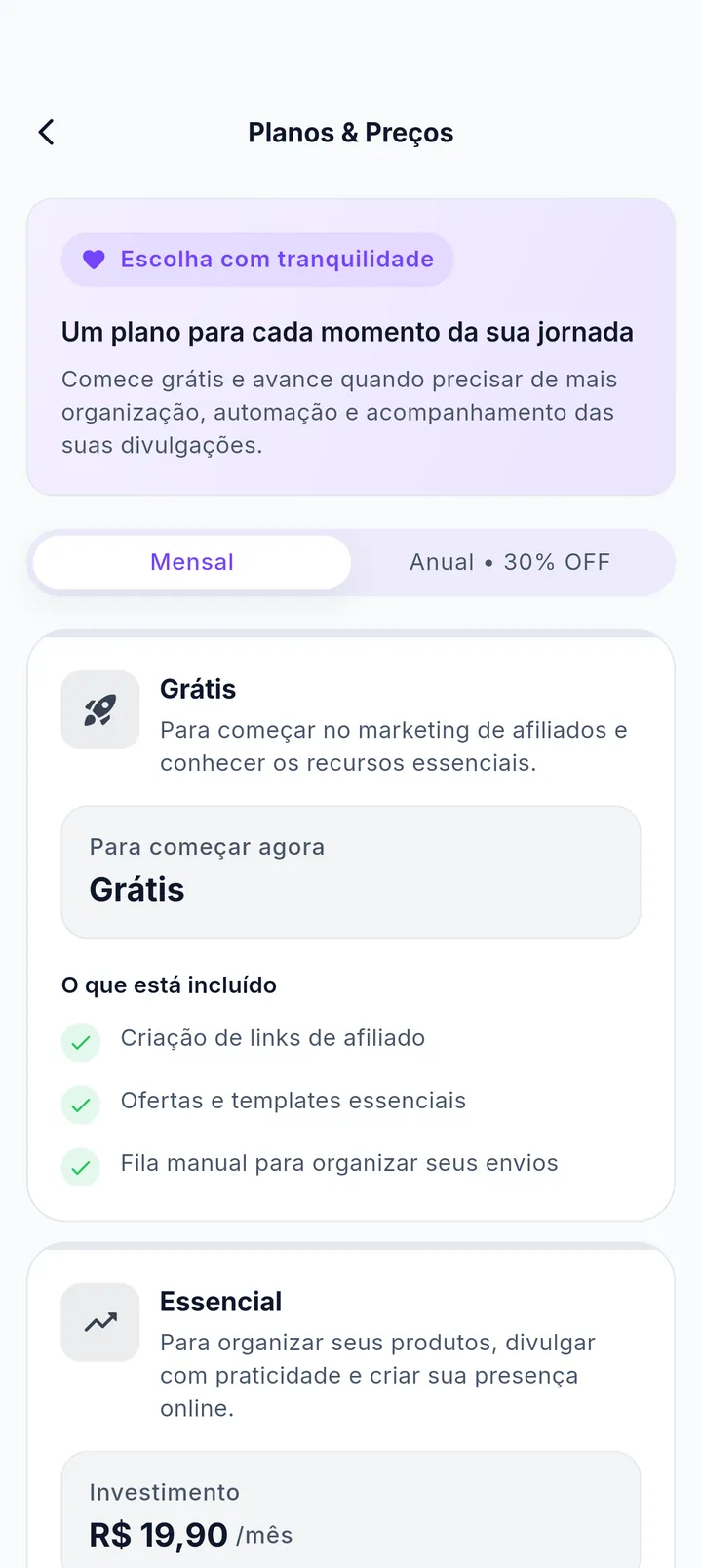 Tela Planos & Preços com alternância entre mensal e anual