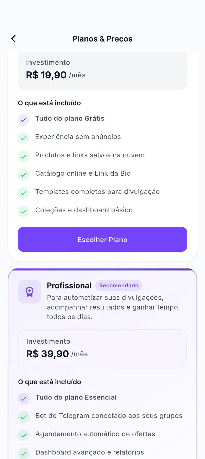 Planos exibidos na cobrança anual com desconto