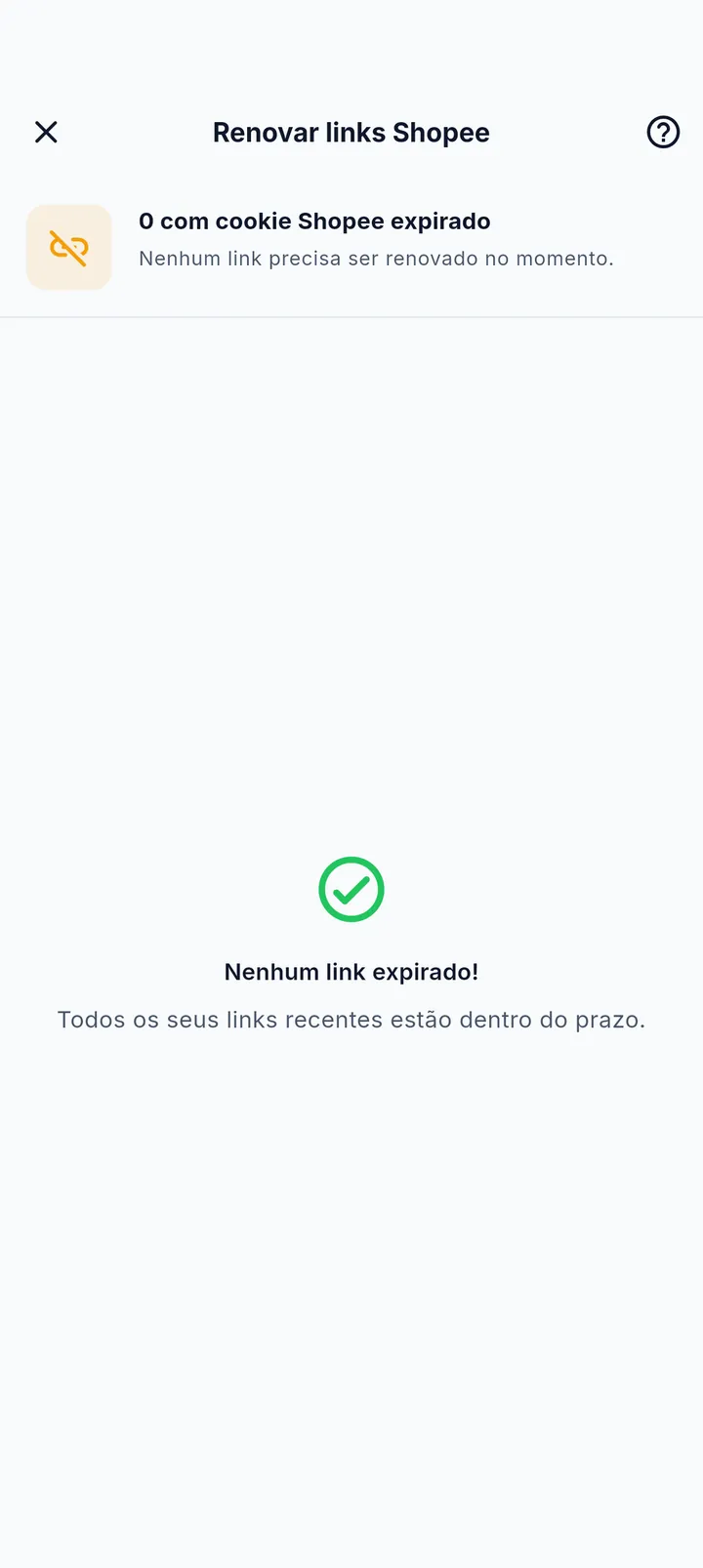 Tela Renovar links Shopee mostrando que nenhum link precisa de renovação