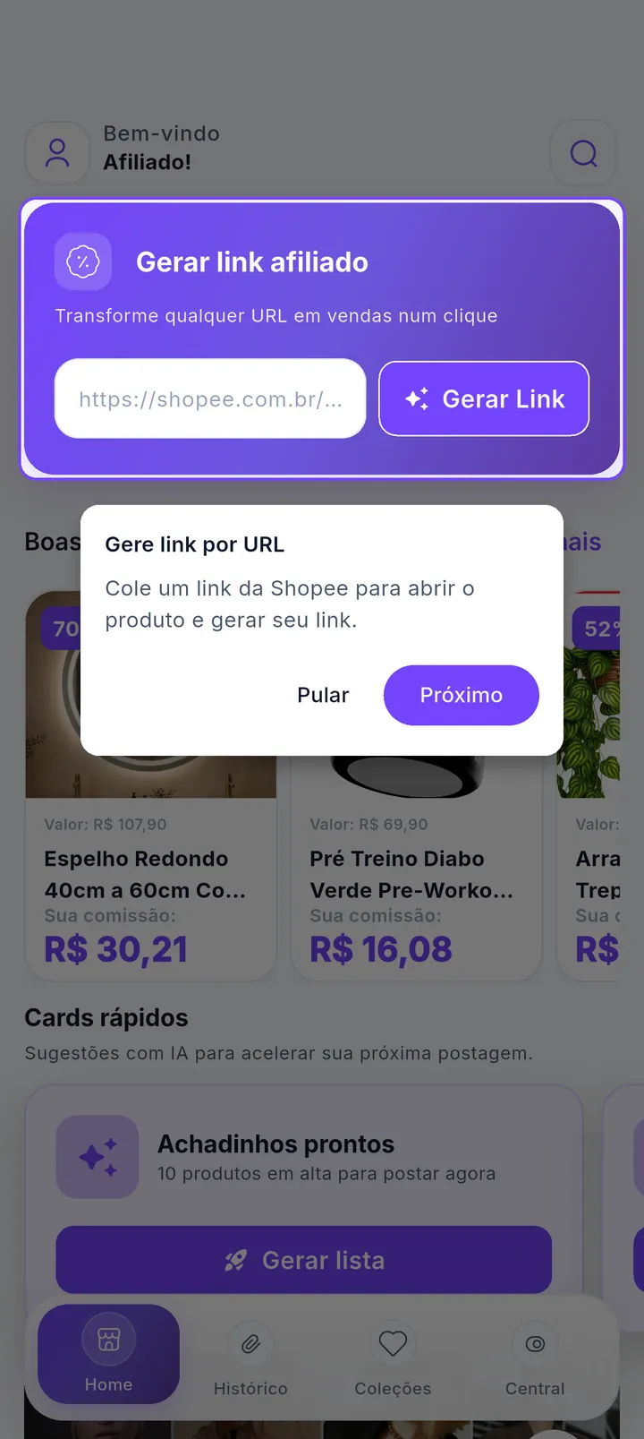 Tour destacando o card Gerar link afiliado com campo para colar URL
