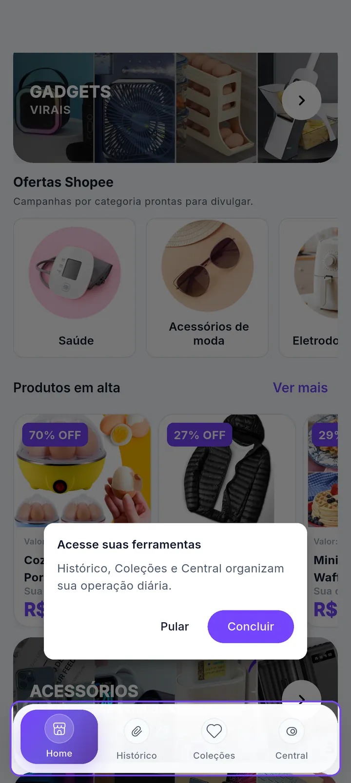 Tour destacando a navegação inferior com Home, Histórico, Coleções e Central