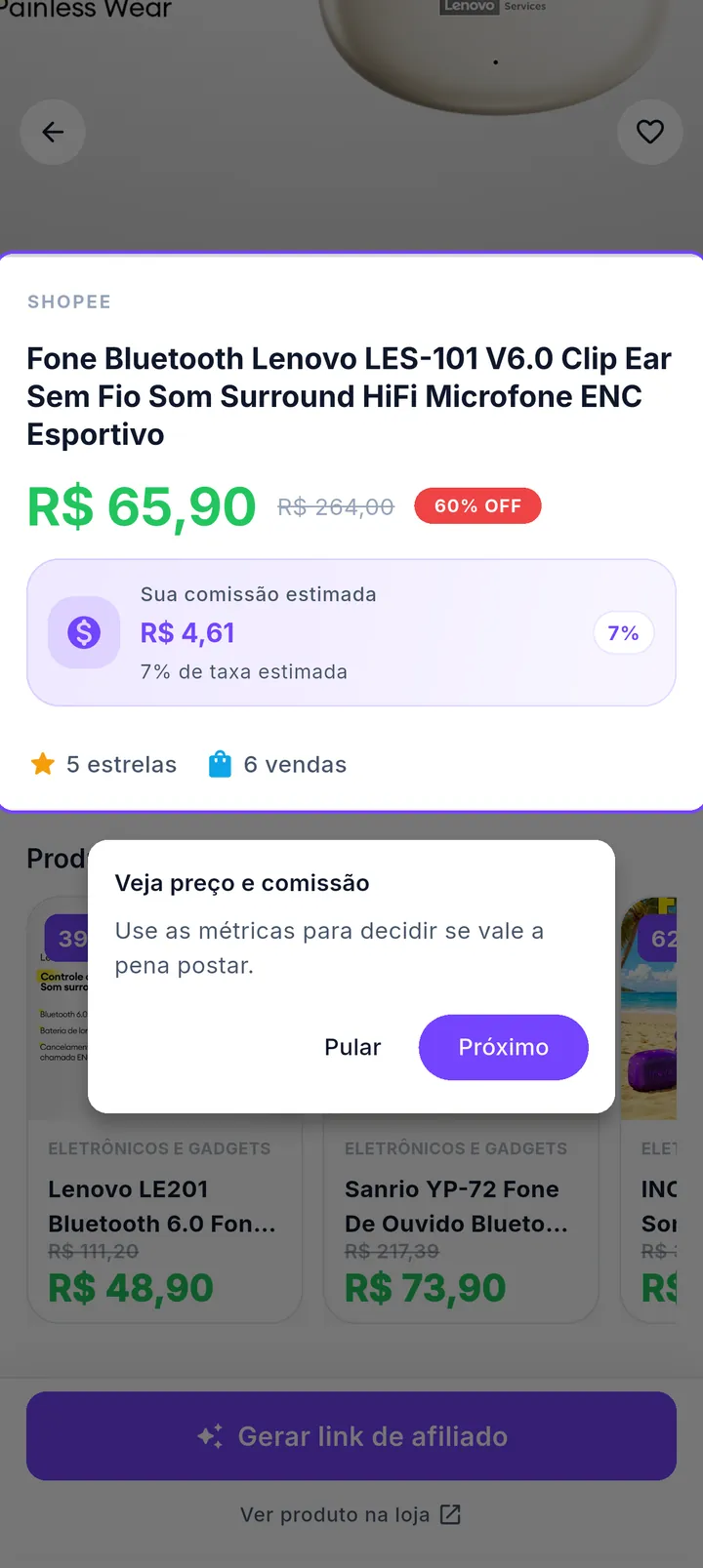 Tour do produto destacando preço e comissão estimada