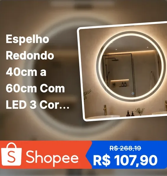 Poster gerado no Mega Afiliado com espelho redondo de LED, preço riscado e preço promocional