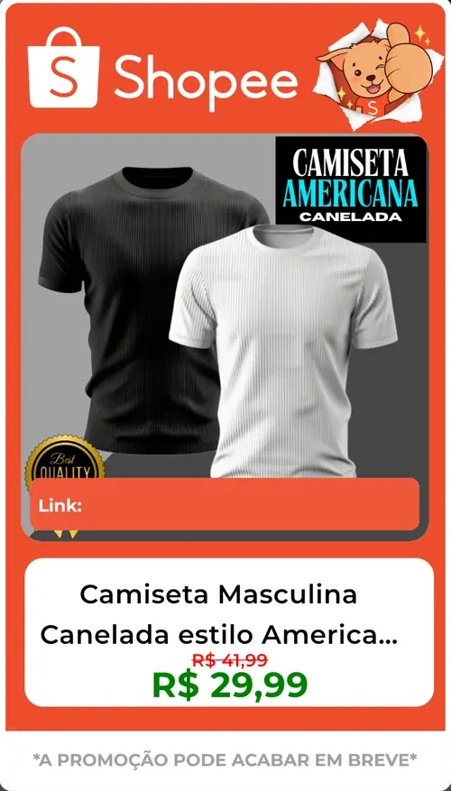 Story gerado no Mega Afiliado com camiseta masculina canelada, preço riscado e preço promocional